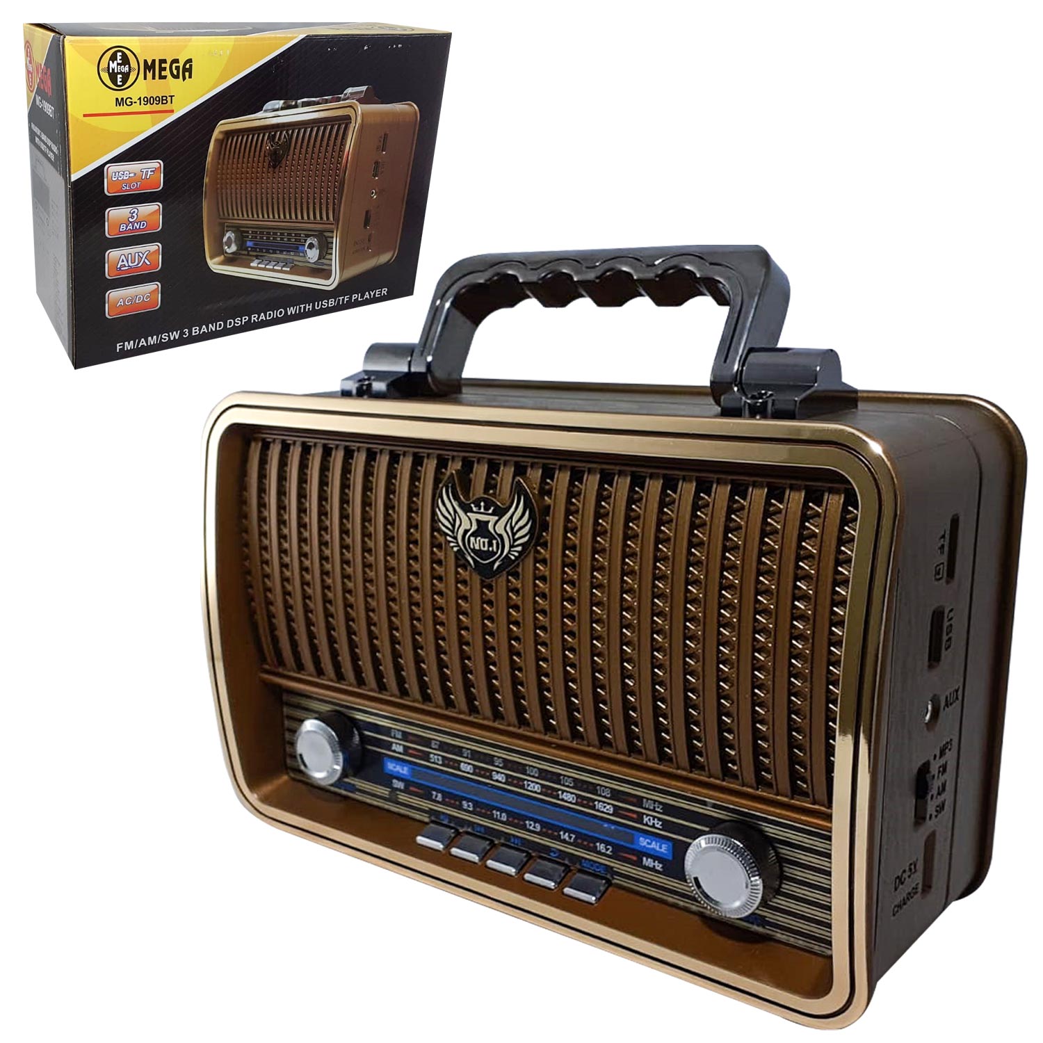 RADYO NOSTALJİ ŞARJLI PİLLİ BT/USB/SD/AUX/FM MEGA MG-1909BT