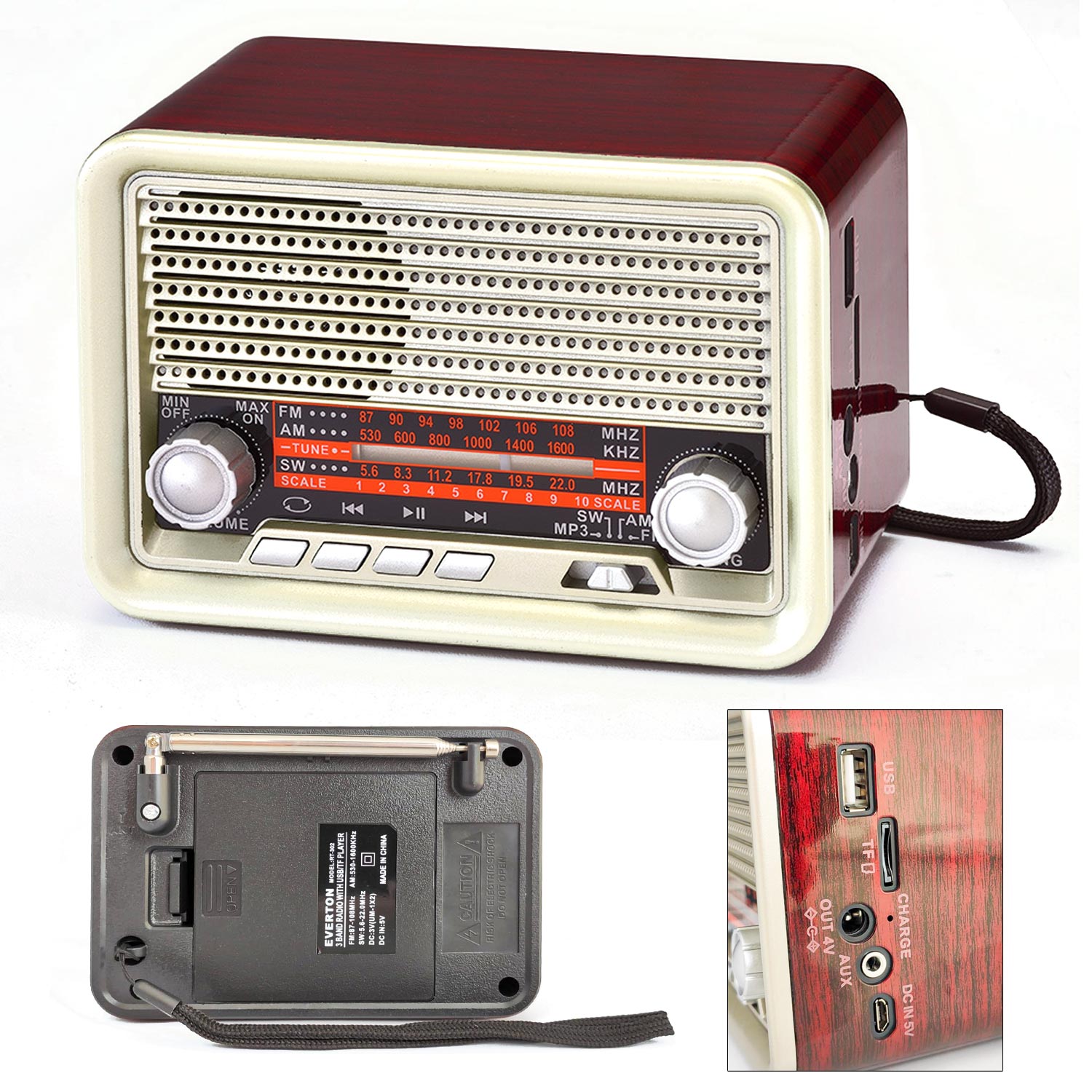 RADYO NOSTALJİ ŞARJLI PİLLİ BT/USB/SD/AUX/FM EVERTON RT-302BT