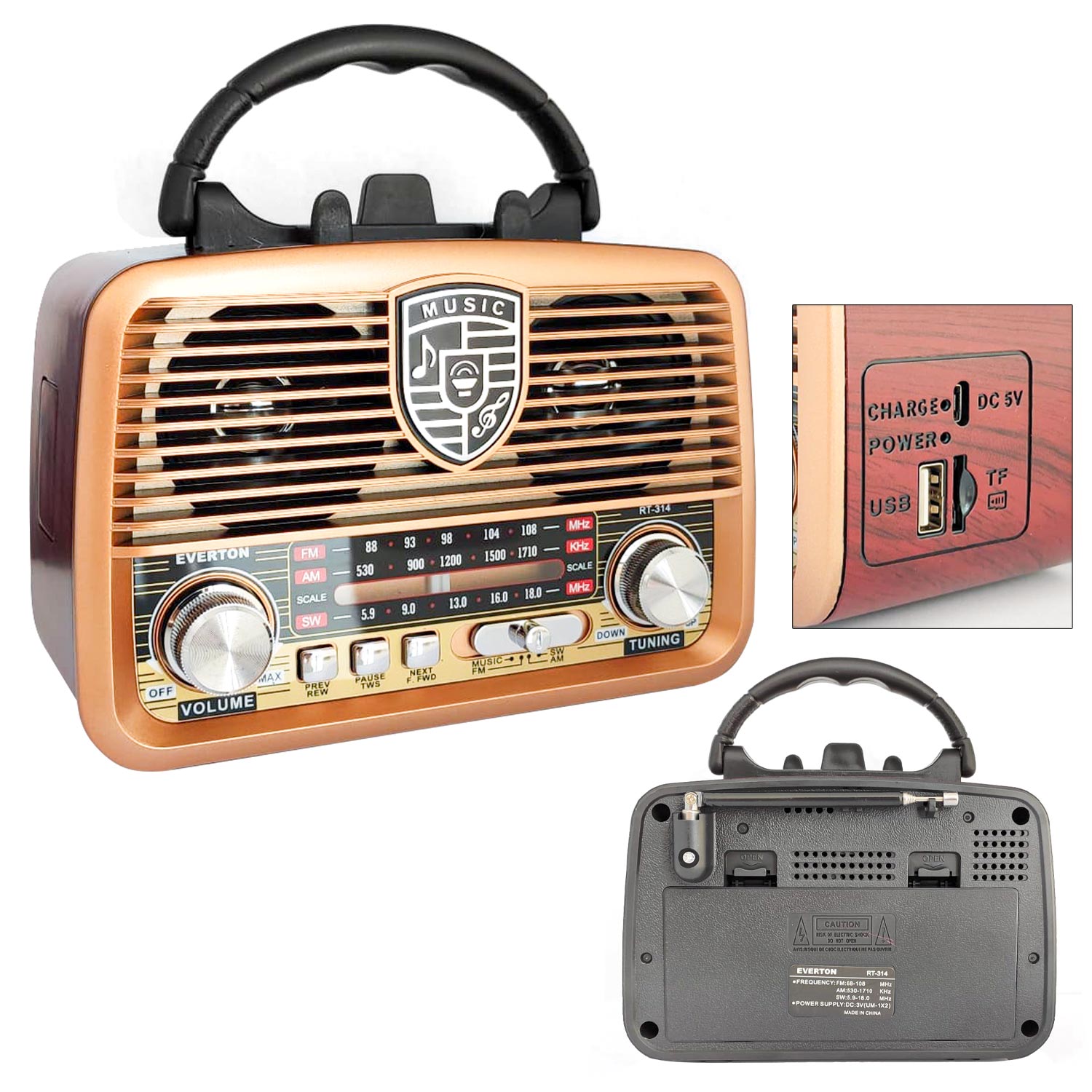 RADYO NOSTALJİ ŞARJLI PİLLİ BT/USB/SD/FM EVERTON RT-314BT