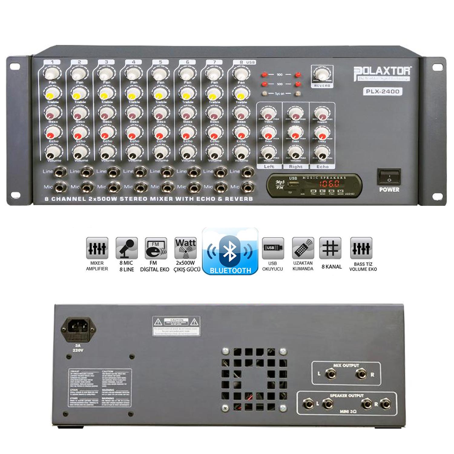 KÜP MİXER ANFİ 2X500W 8 KANAL STEREO BT/USB/SD/UK/FM/EKO POLAXTOR PLX-2400 8C