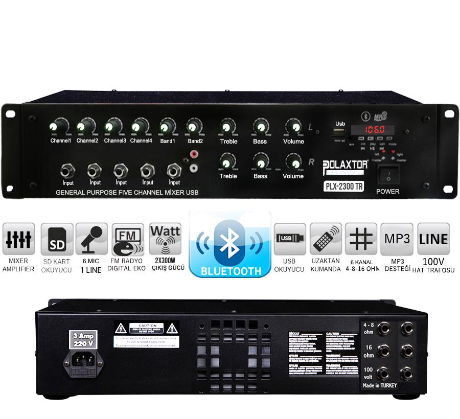 POWER MİXER ANFİ 6 KANAL 2X300W STEREO BT/USB/SD/UK/FM POLAXTOR PLX-2300 TRAFOLU