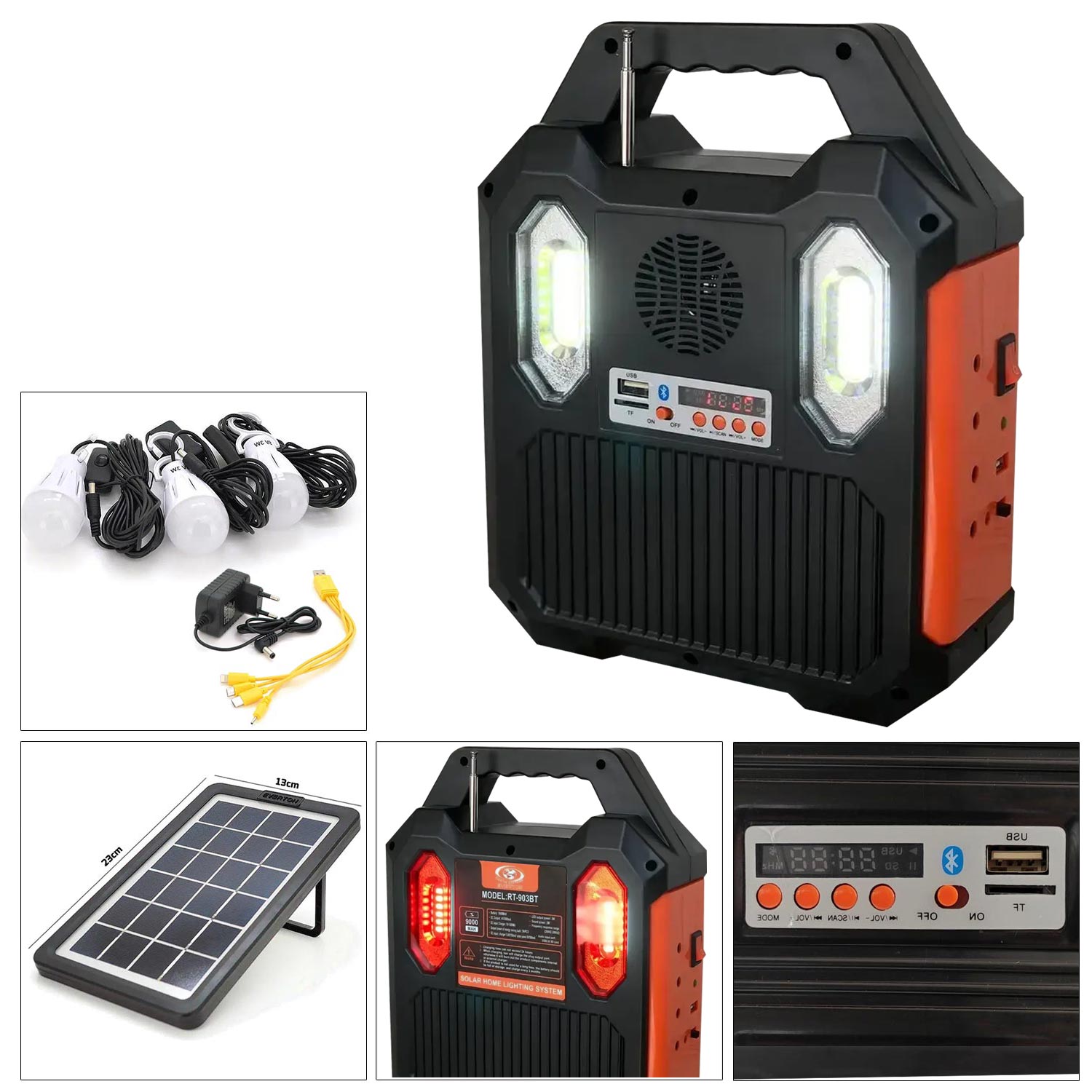 SOLAR KAMP LAMBASI ACİL DURUM IŞIĞI ŞARJLI COB LED+KIRMIZI LED BT/USB/SD/FM EVERTON RT-903BT